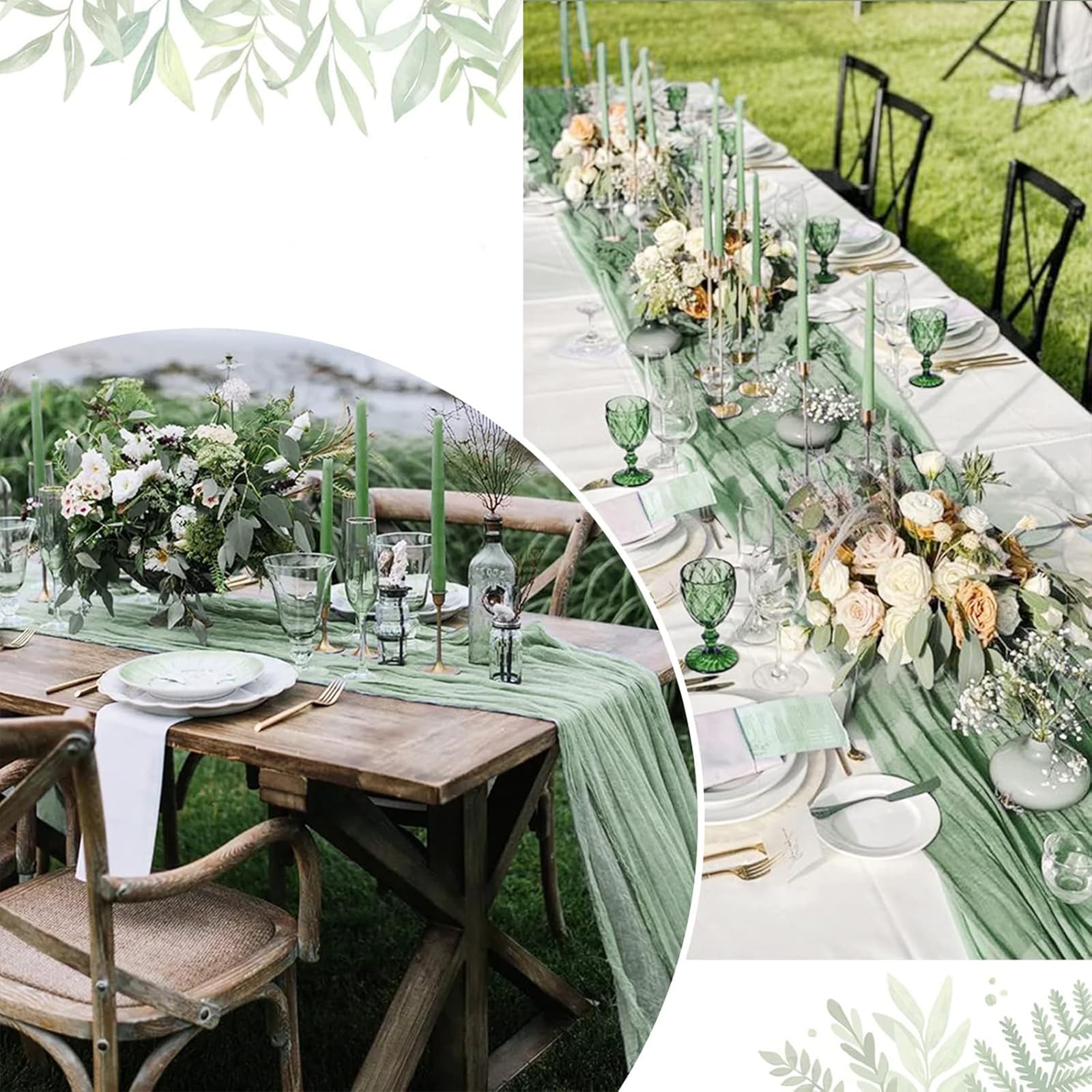MUUKAIII Lot De 6 Chemins De Table En Étamine Vert Sauge 90x300cm - Décoration Boho Mariage & Fêtes