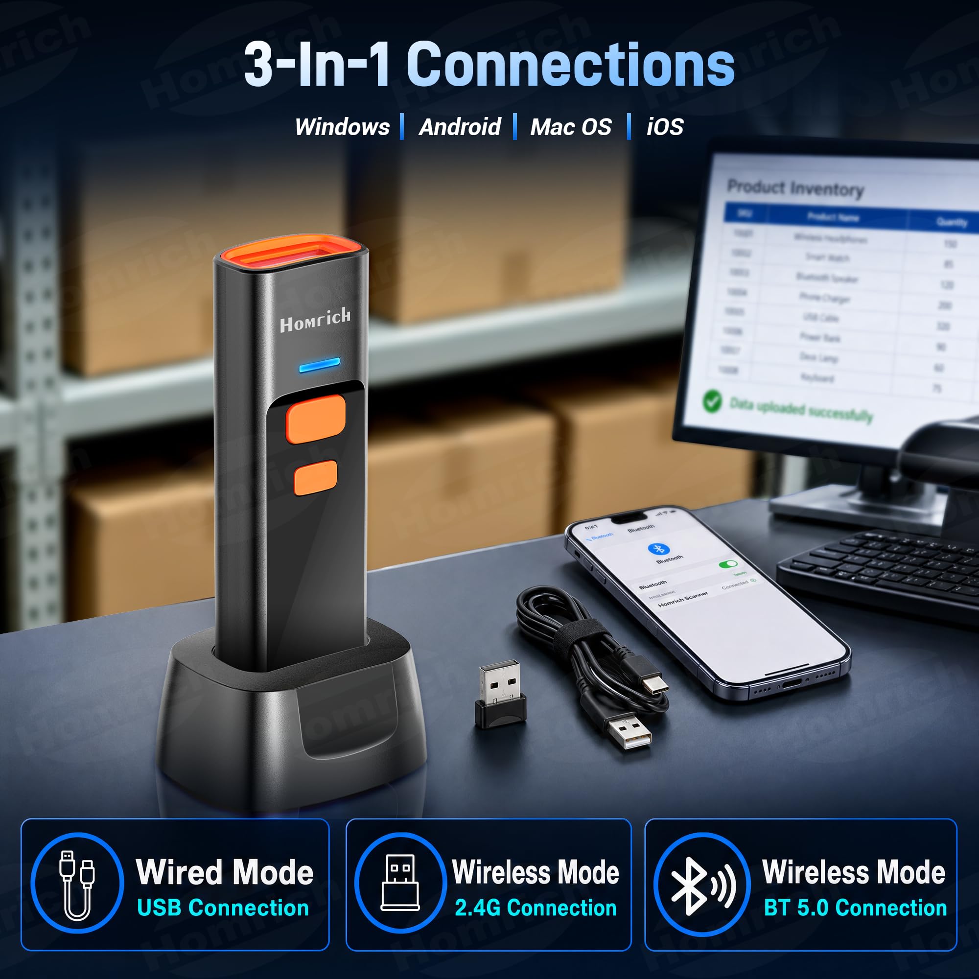 Homrich Mini scanner di codici a barre wireless Bluetooth con dock di ricarica, scanner di codici a barre QR 1D 2D, Bluetooth 3 in 1 e 2.4G e cavo USB ricaricabile lettore di codici a barre portatile