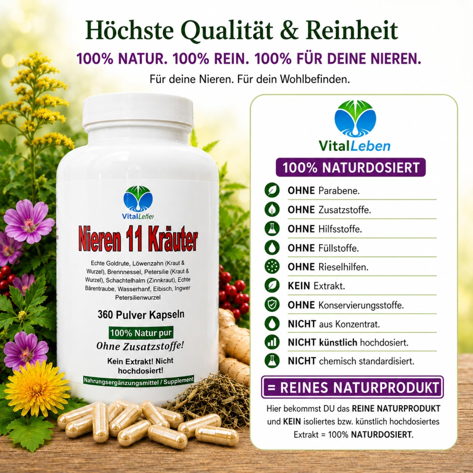 NIEREN Kapseln 11 Kräuter "Nierenkräuter" 360 Kapseln NATUR pur. Goldrute Eibisch Bärentraube Wasserhanf Brennnessel Schachtelhalm uvm - 6 Monatsvorrat. OHNE Zusatzstoffe. 26311-360