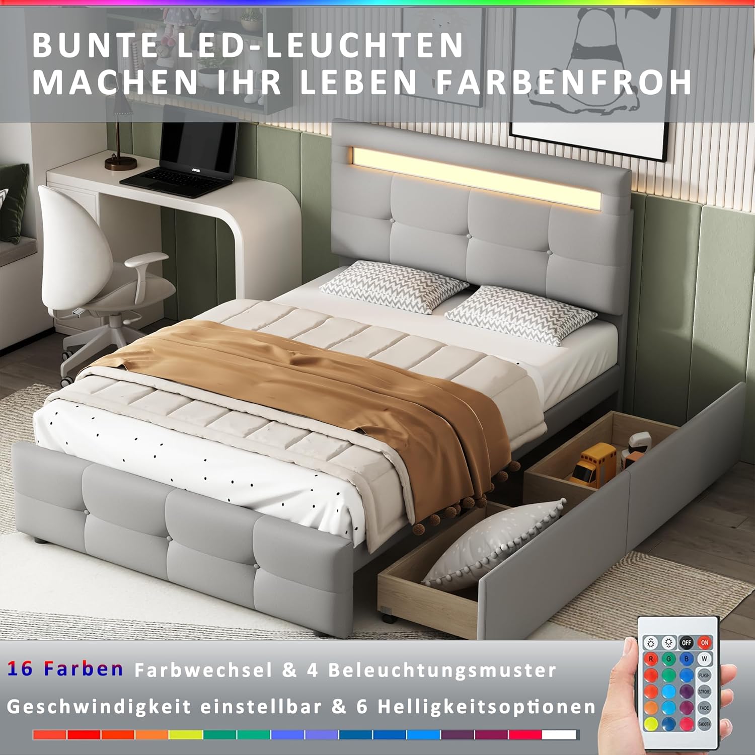 Bed with LED lights on and remote control