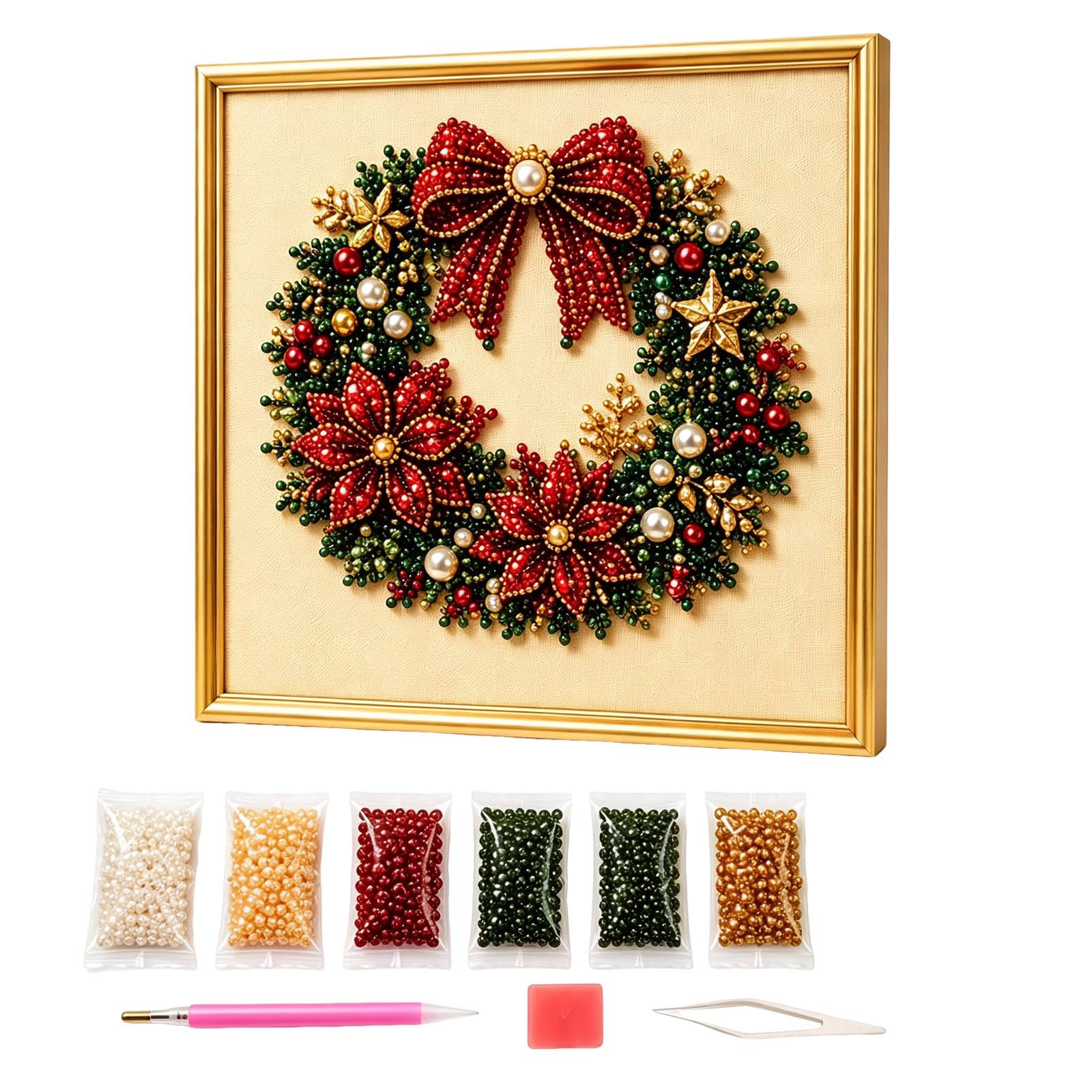 DIY Christmas Pearl Diamond Painting Art Kit with Frame, Home Decoration Art Craft Kit, Handmade Diamond Dot Beads Painting, Christmas Decoration