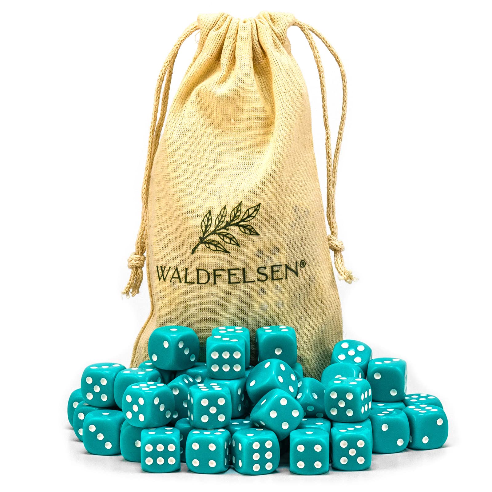 Waldfelsen® 6, 12, 20, 30 or 50 High Quality Cubes Standard Size 16 mm Acrylic Cube Puzzle Play Cube Dice 6-Sided Six-Sided Play Accessory Set with Cloth Bag (Turquoise, 50 Pieces) — image 1