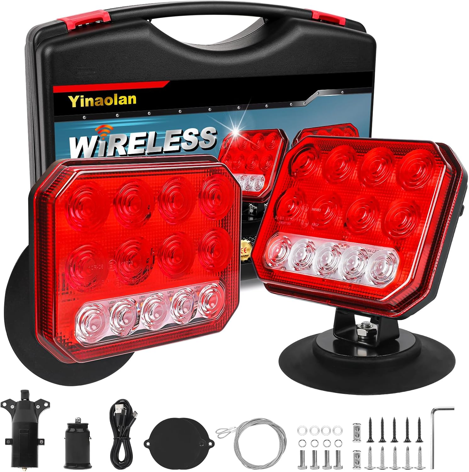 Wireless Trailer Lights with Adjustable Bracket, USB-C LED Magnetic Tail Light Kit with Strobe, Reverse, Brake, Turn, Running Lights, IP67 Waterproof for Trucks RVs Boats Campers Trailers