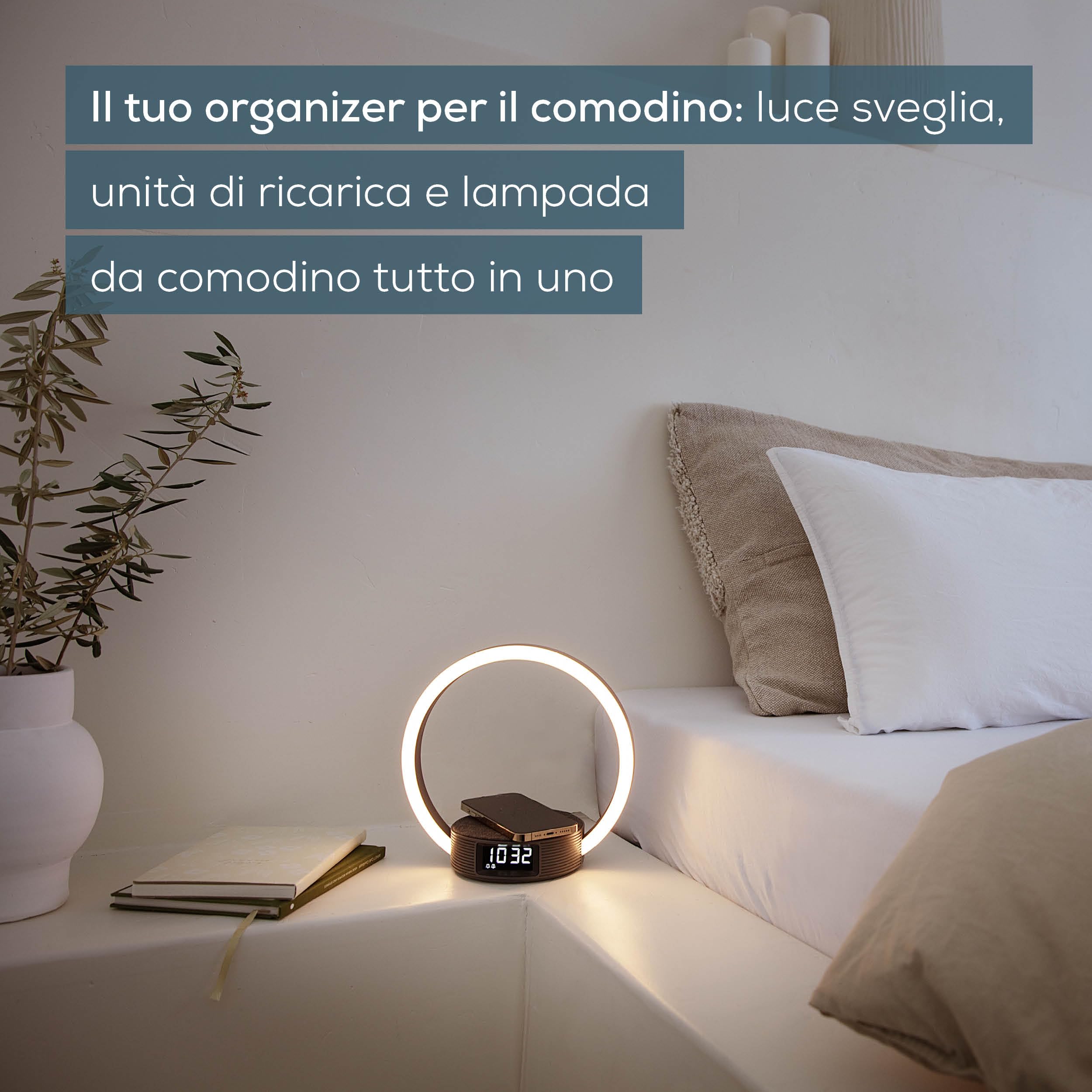 Beurer WL 65 Luce Sveglia con Simulazione Alba e Tramonto, Lampada da Comodino con Luce LED Regolabile, Base di Ricarica Wireless Qi 10 W per Smartphone, Display Touch e Design Moderno
