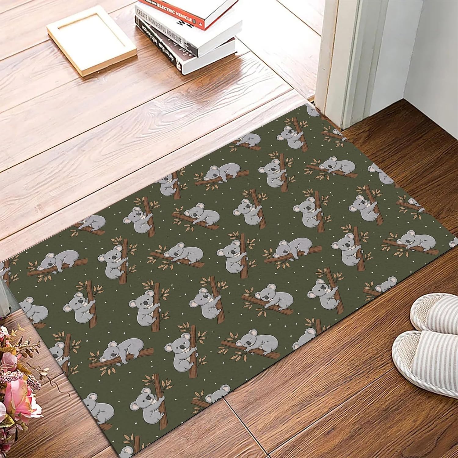 Cartoon Koala Theme Washable Entry Rug 18"X30", Polka Dot Animals Non Slip Small Throw Rugs for Kitchen Bathroom, Welcome Front Door Mat Indoor Entrance, Soft Low Pile Carpet, Dark Green
