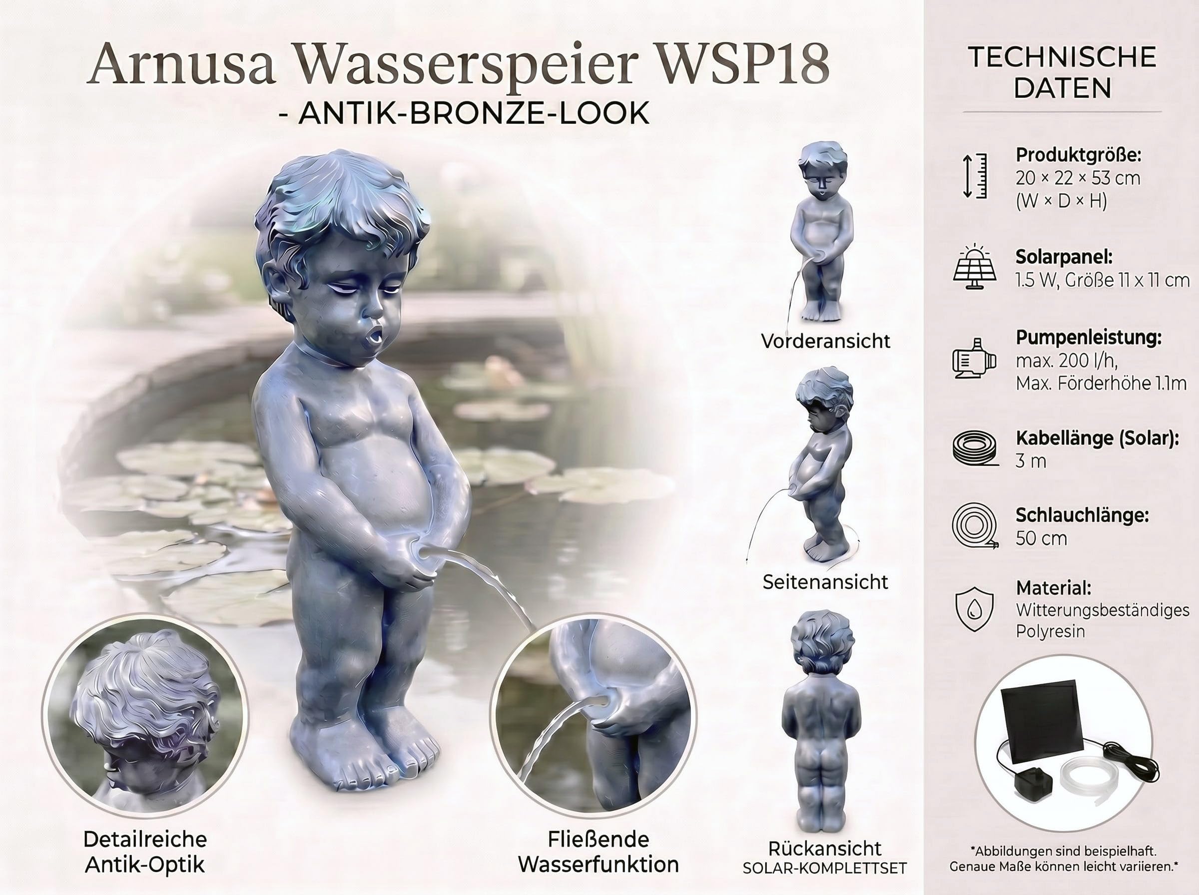 Solar Wasserspeier Junge klassisch groß Wasserspiel Teichdeko Gartenfigur Brunnen Springbrunnen Solarbrunnen (53 cm)