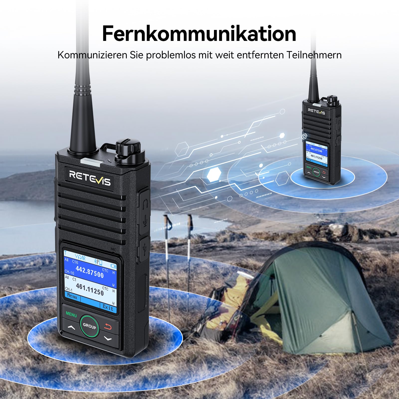 Retevis RB658 Walkie Talkie, Funkgerät mit LCD-Bildschirm, App Steuerung, 1800 mAh, mit kabellosem Ohrhörer, für Flotten, Fahrzeugfahren (2 Stück, Schwarz)