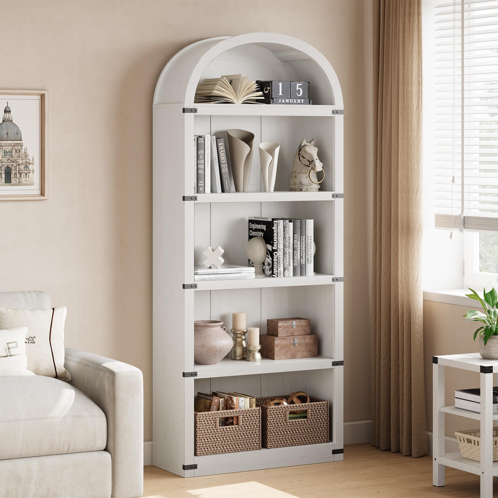 5 Tier Bookcase White, 182cm Arched Display Racks Large Wood Book Shelf, Modern Freestanding Open Bookcase for Living Room, Study and Bedroom, Wooden Shelving Unit Book Case (80cm x 30cm x 182cm)