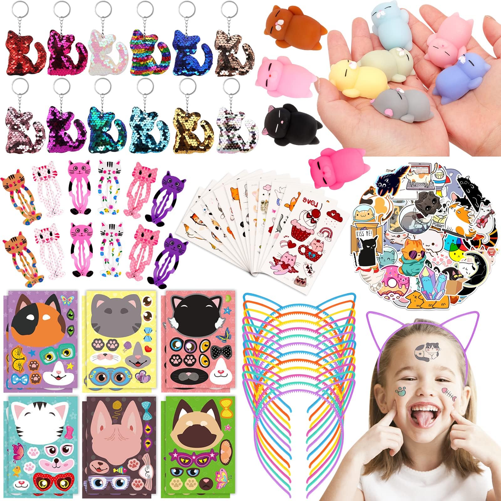 122 Pieces Cat Party Accessories for Children - Cat Themed Birthday Party Accessories, Cat Ears Headband, Reversible Sequins Cat Key Ring, Cat Tattoo Stickers for Girls
