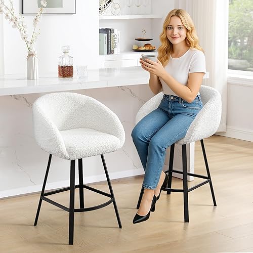 Miniatura 4 de Zesthouse Juego de 2 taburetes giratorios de altura de mostrador, modernos taburetes de bar para isla de cocina, sillas de cocina Sherpa blanco de