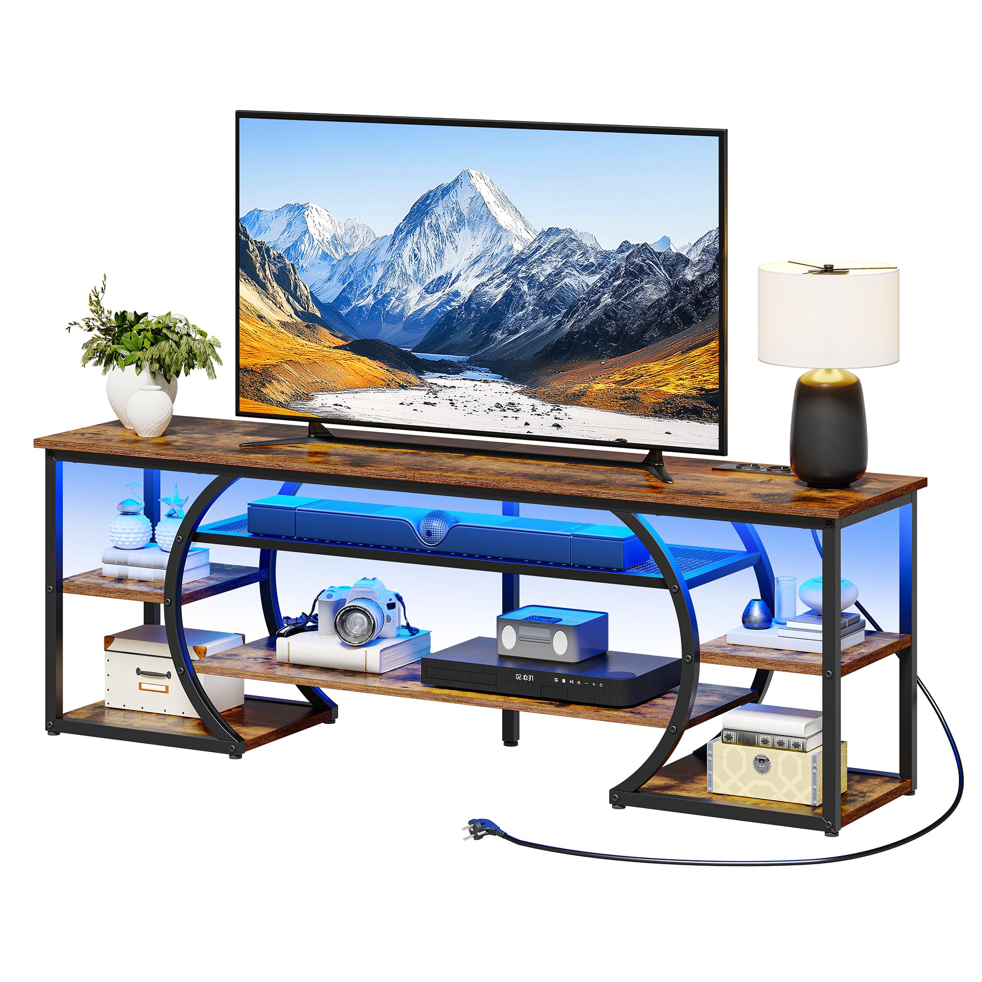 YITAHOME 160cm Meuble TV avec 2 AC & 2 Prises USB pour Les téléviseurs jusqu'à 70 Pouces avec 7 LED RVB 22 Modes Lumières Centre de Divertissement pour Le Salon et la Chambre Brown Rustique