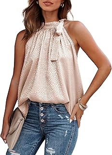 Women Sleeveless Tie Mock Neck Summer Tops Loose Casual Side Bow Satin Halter Tank Top Blouse Shirts