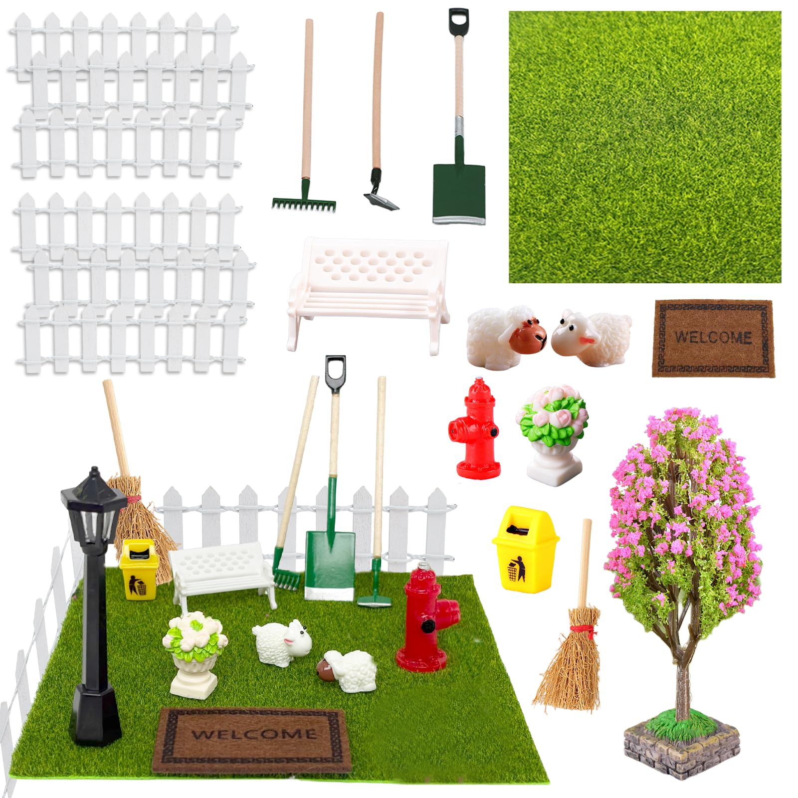 21 Stück Miniatur Garten Zubehör, Wichtel Zubehör Puppenhaus Zubehör Mit Gras, Stühle, Werkzeug, Zaun, Mülltonne, Hydrant, Blumenbeet, Kreppmyrte, Besen, Teppich, Schafe Wichtel Garten Set