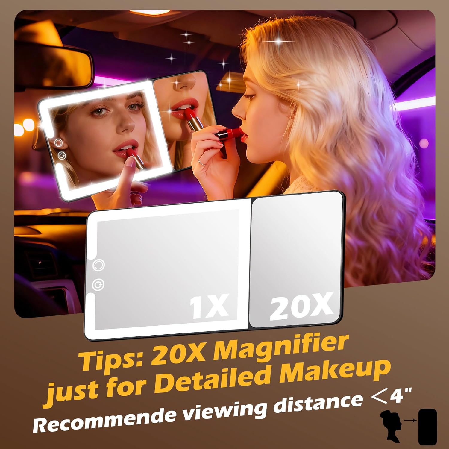 Large 2-in-1 Led Car Vanity Mirror with 20X Strong Magnification,10" Sun Visor Mirror with 3-Color Dimmable Rechargeable LED Lights,Car Makeup Mirrors with Secure Reinforced Flexible Mount