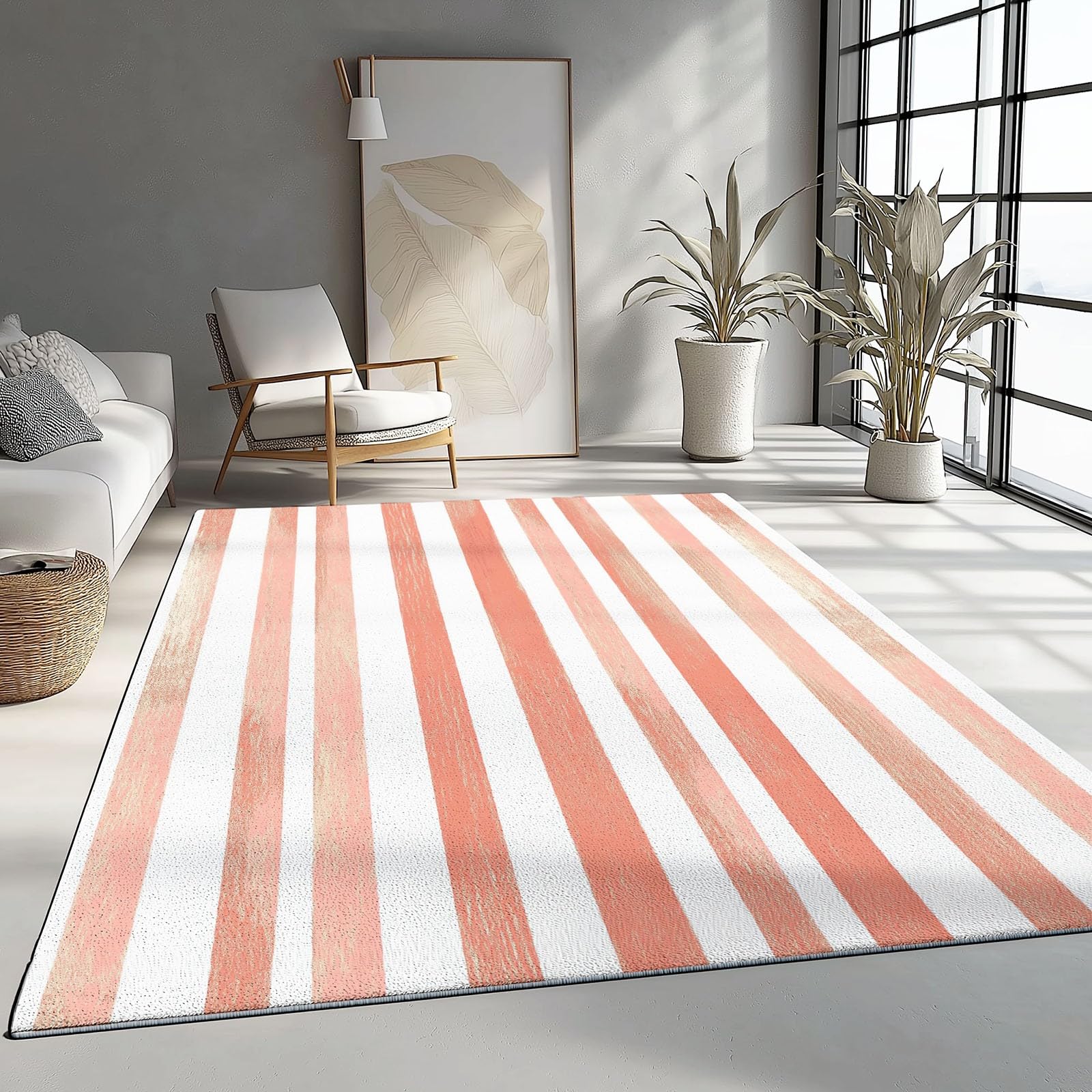 Nowoczesny różowy dywan 140 x 200 cm krótkie runo, zmywalny, antypoślizgowy poziomy wzór w paski, do salonu, jadalni, sypialni, wystrój domu