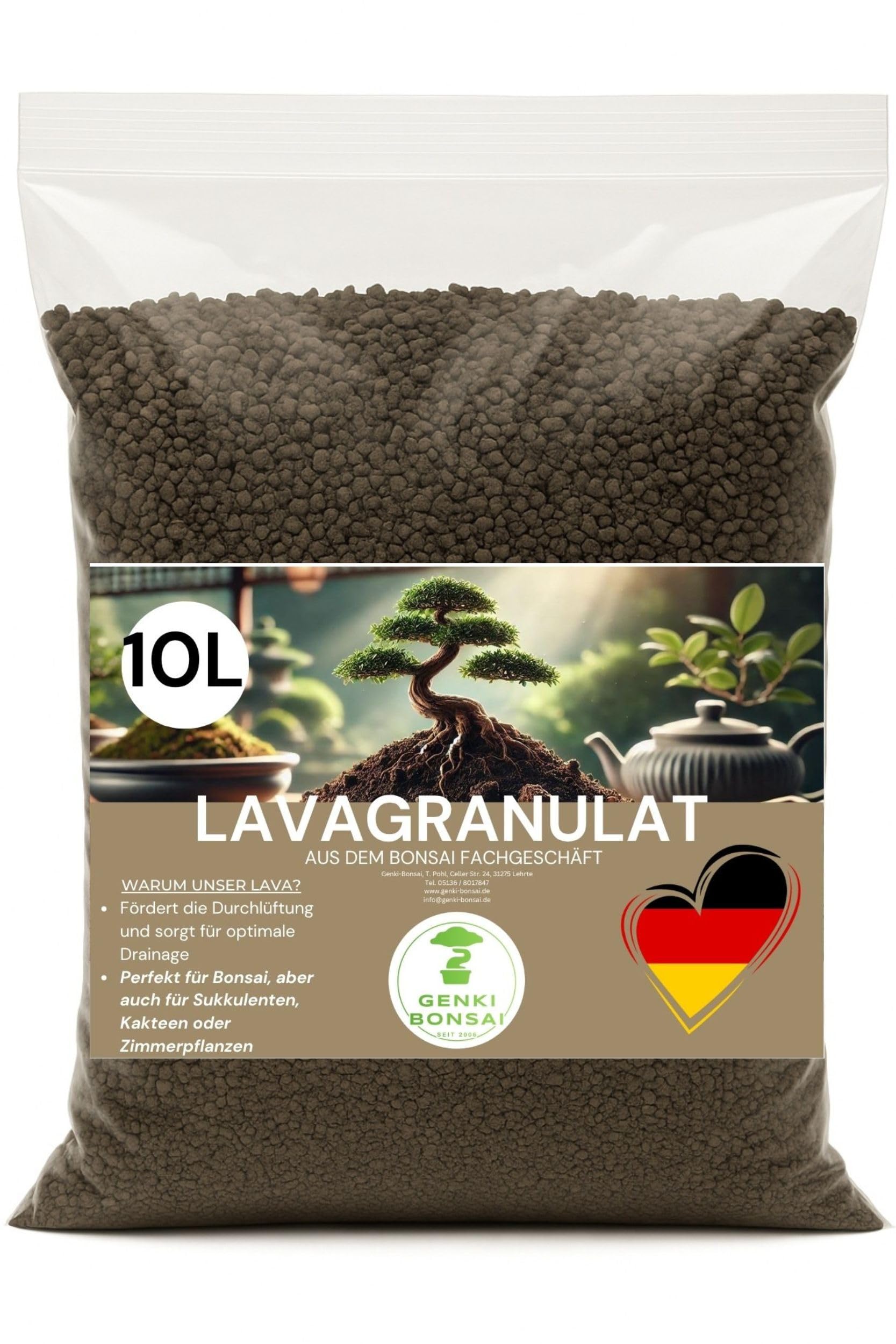 Genki-Bonsai Lavagranulat für Bonsai und andere Pflanzen in verschiedenen Mengen – ideal für Drainage und Substrat (10 ltr.) Körnung: 2-8mm, Farbe: grau-schwarz/braun