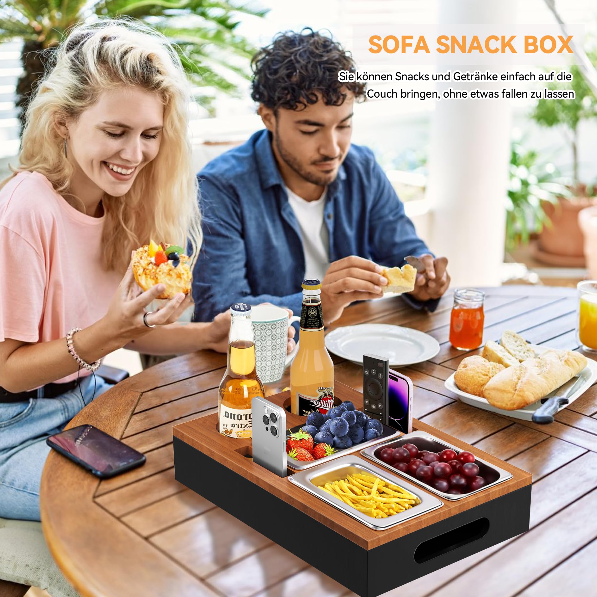 Marsred Couchbar Aus Eichenholz - Snackbox Mit 2 Edelstahl-Schalen Für Sofa & Garten
