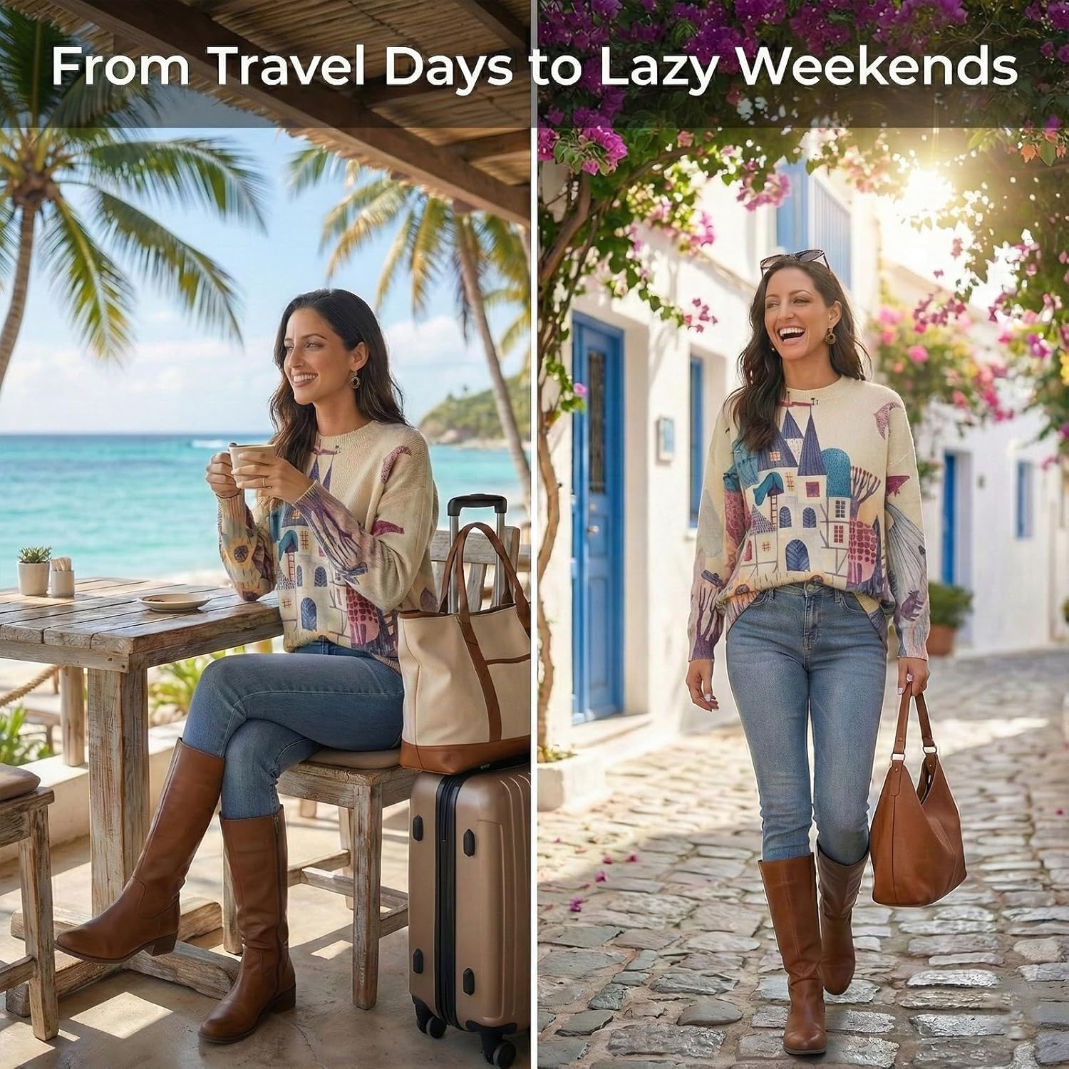 Women's Boho Christmas Sweater, Oversized Long Sleeve Graphic Knit Pullover, Loose Fit Casual Top with Drop Shoulder - Image 4