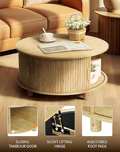 Miniatura 4 de Mesa de centro redonda con parte superior elevable, mesa de centro circular pequeña con almacenamiento, mesa central moderna de mediados de siglo
