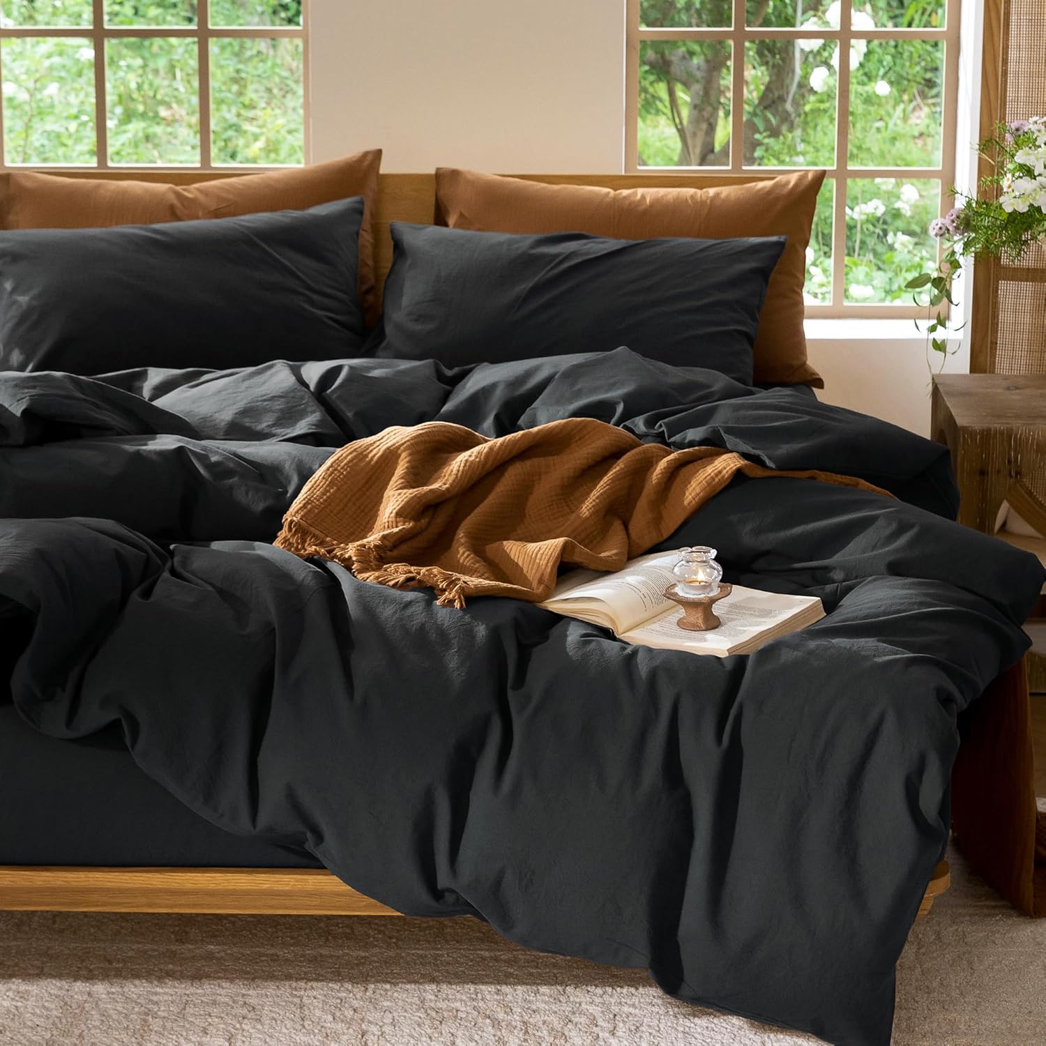 MooMee Bedding Duvet Cover Set 100% Washed Cotton Linen Like Textured Breathable Durable Soft Comfy (Solid Black, King 104"x90") - Image 9