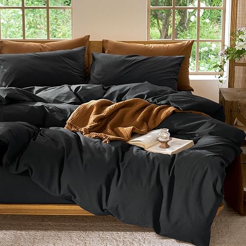 Miniatura 268 de MooMee - Juego de funda de edredón, 100% algodón lavado, textura parecida al lino, transpirable, duradero, suave y cómodo