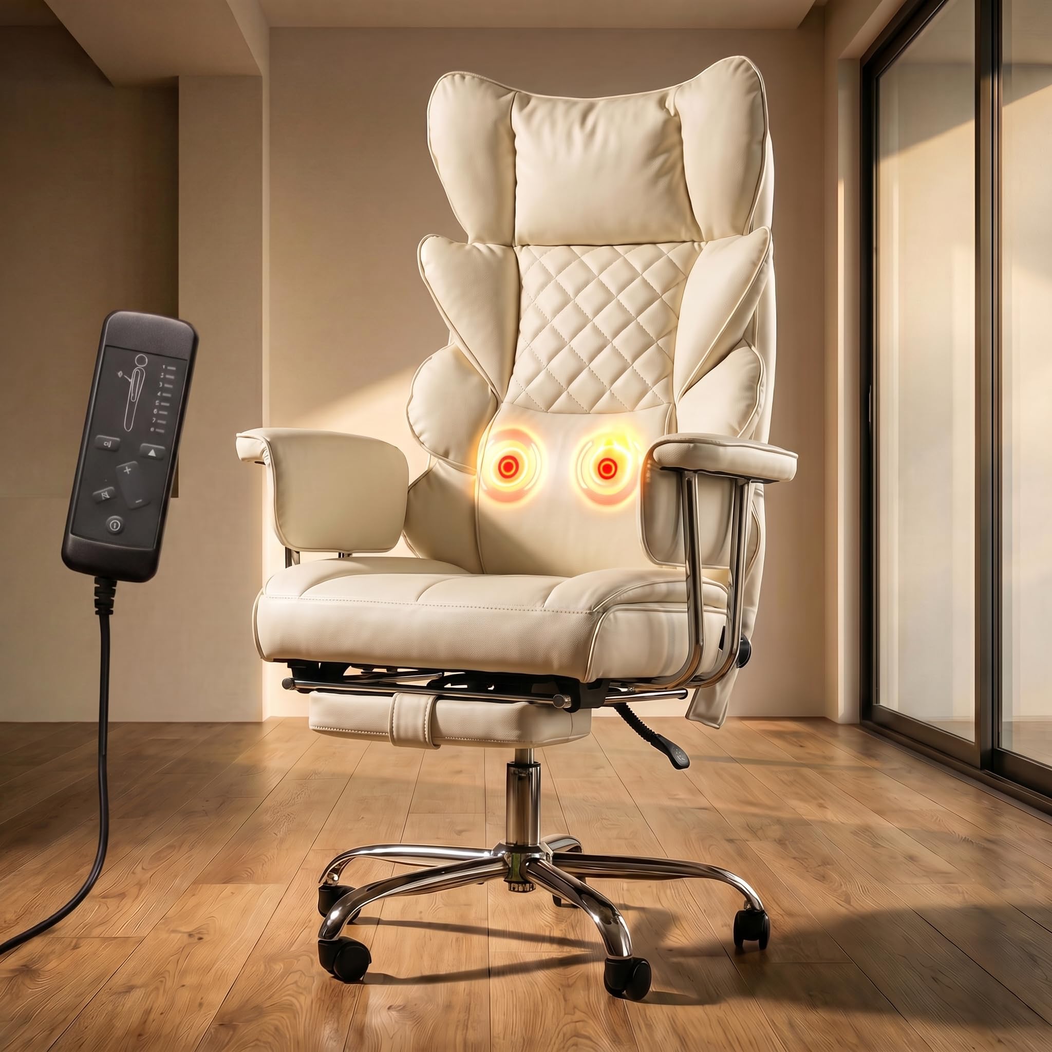 DROGO Monarch-X Massage Office Chair with Vibration & Heat | Big and Tall Ergonomic Executive Computer Chair with PU Leather & 150Reclining | Gaming Chair with Spacious Cushion Seat & Footrest (Cream)-image-48