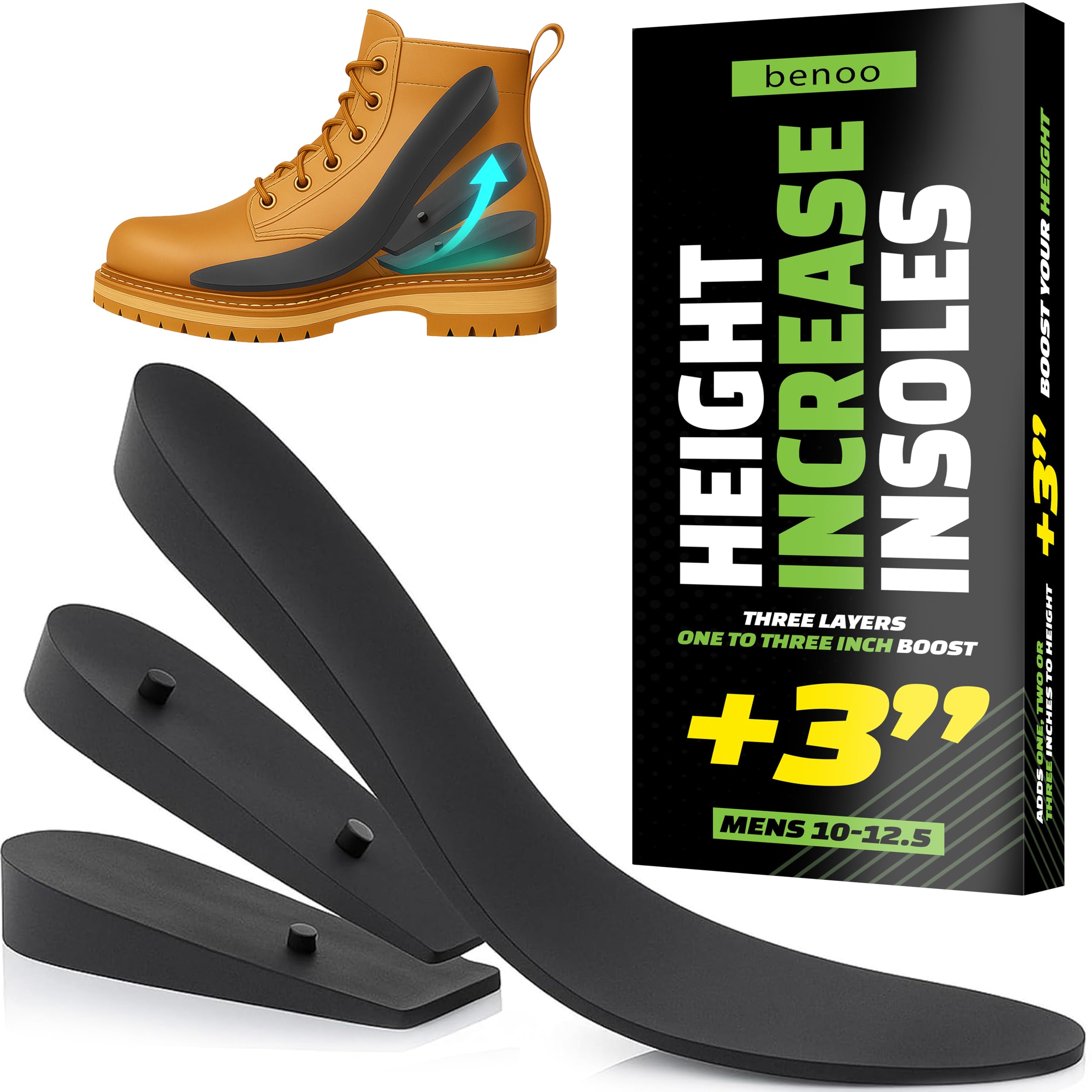Height Increase Insoles for Mens Shoes (1 to 3" Boost) Adjustable 3 Layer Height Booster Inserts to Make You Instantly Taller, Heel Lifts (Mens 7-9.5)