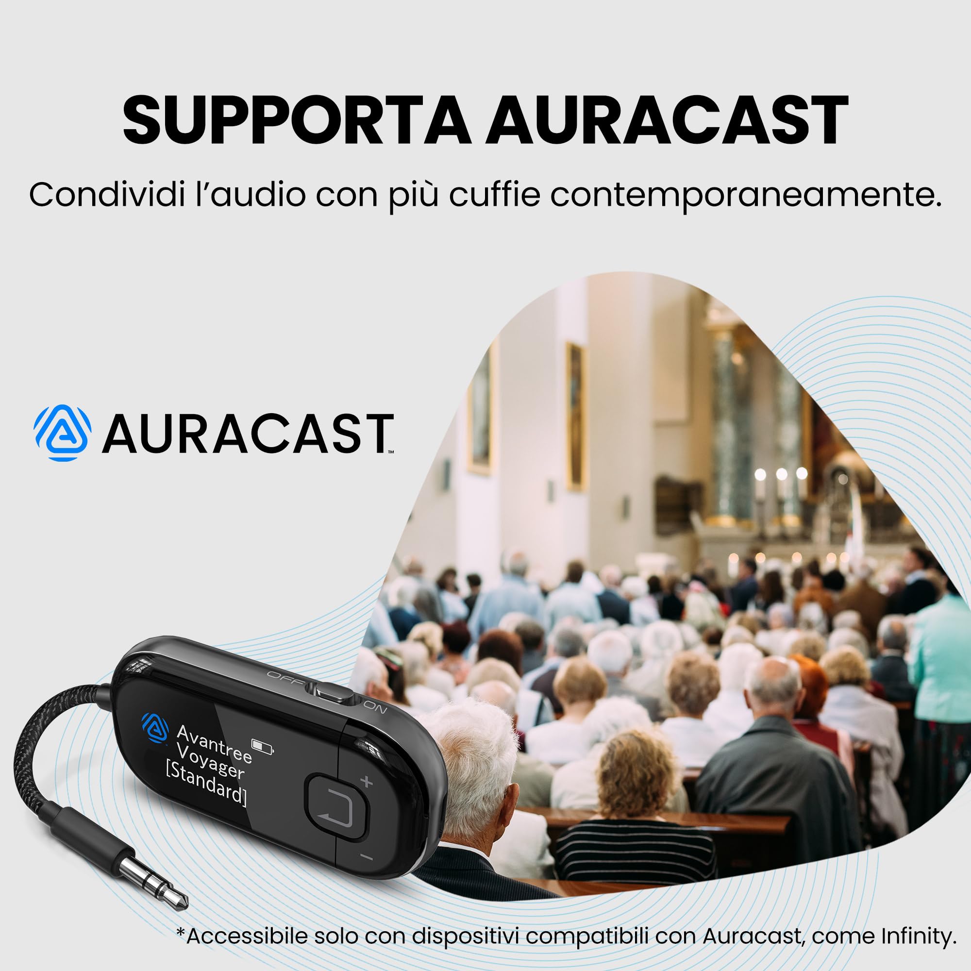 Avantree Voyager – Adattatore Bluetooth 5.4 Per Aereo Con Schermo OLED Per Cuffie E AirPods, Chipset Qualcomm, aptX Adaptive, Supporto Auracast, Trasmettitore Audio Wireless AUX 3,5 mm Per Viaggi