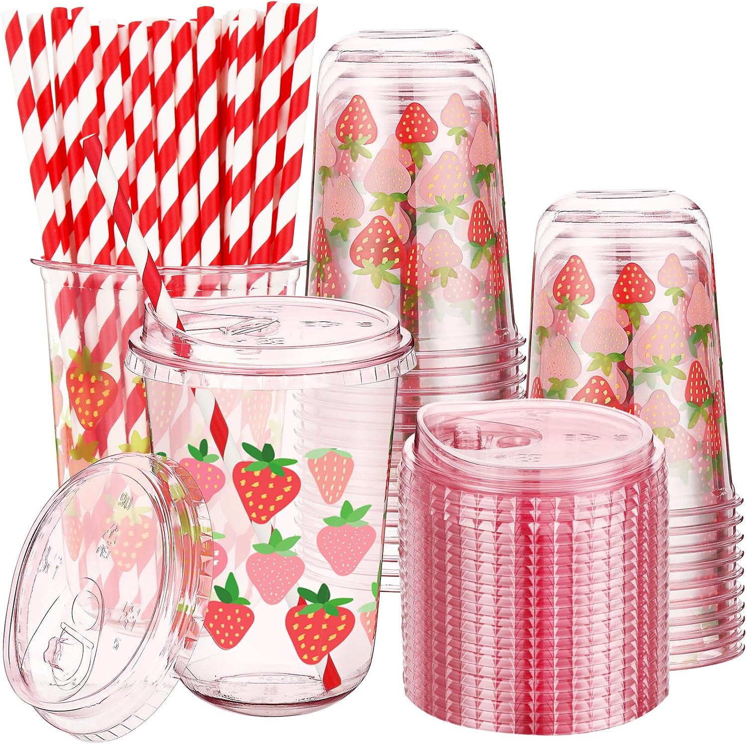 LemonRoad 50 Sets Pink Bow Clear Plastic Cups with Lids & Straws 16 oz Bow Party Tumblers for Iced Coffee, Smoothies, Juice & More Cute Disposable Pet Mugs for Birthdays & Gatherings