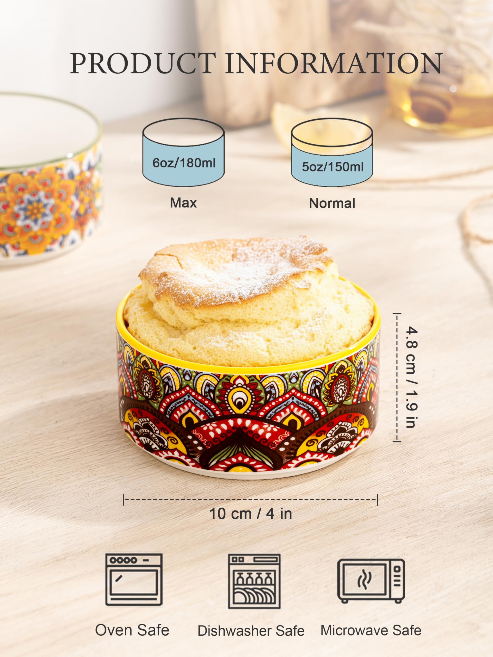 Foremki do Soufflé, zestaw 6 sztuk, 180 ml, miseczki do kremowego brulee, mini naczynia do zapiekanki/miseczki deserowe, porcelana, do piekarnika, kuchenki mikrofalowej