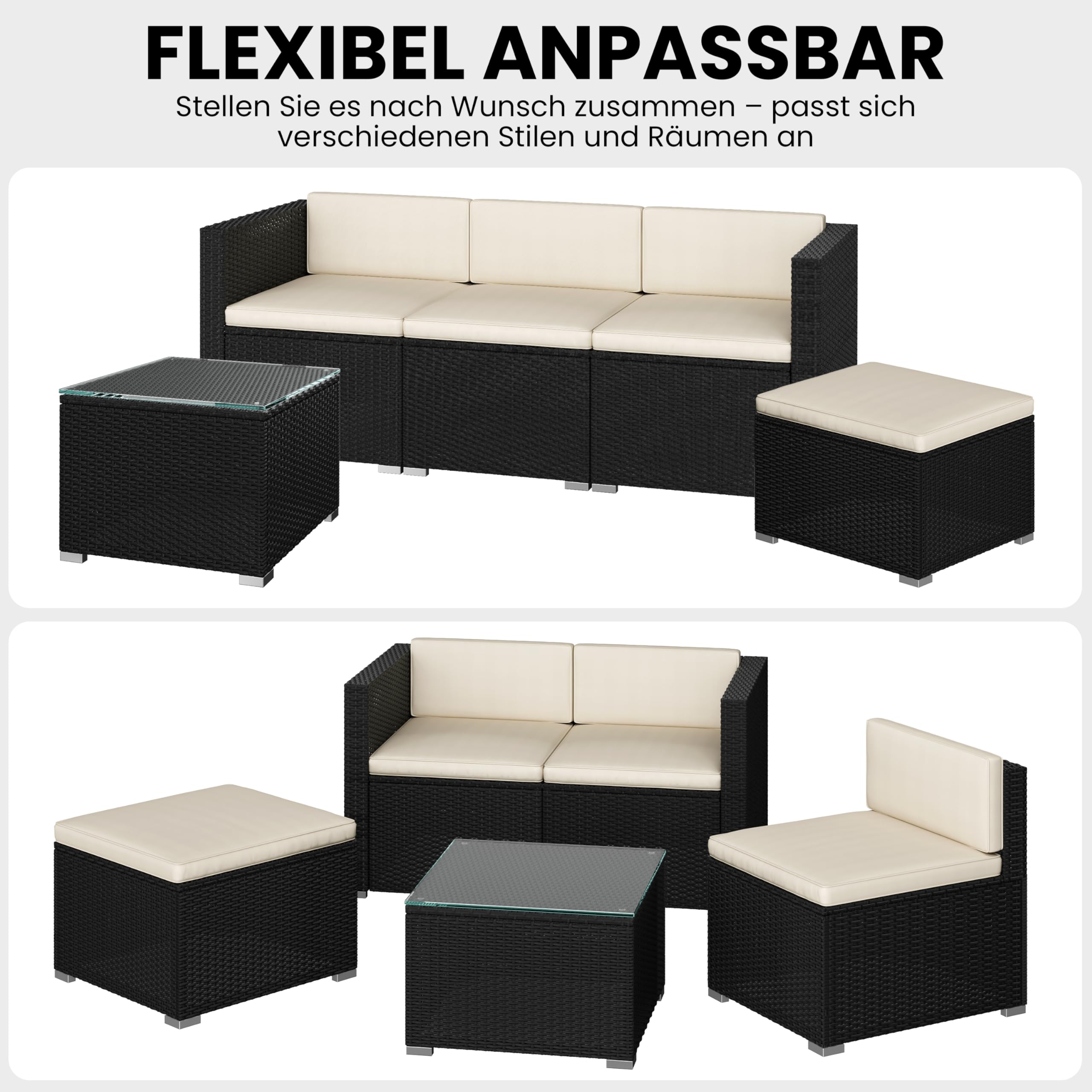 Yaheetech 5er Gartenmöbel Set Balkonmöbel Set aus PE-Rattan Wetterfest | Terassenmöbel Außen mit 2 Ecksofa & Sofa & Stuhl & Beistelltisch & Sitzkissen für Garten/Balkon/Terrasse, Schwarz & Beige