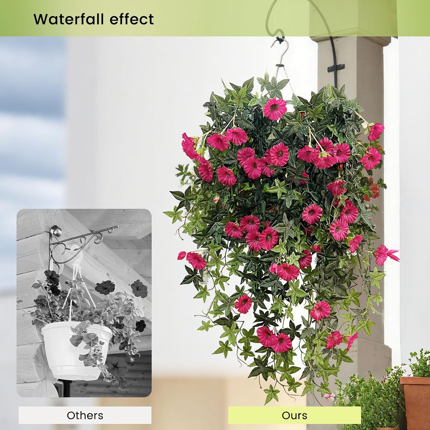 Daily Treasures 2Pack Rose Red Artificial Morning Glory Flowers,80cm/31.5in Long Hanging Faux Petunias with 48 Silk Flower Heads,Spring Summer Realistic Outdoor Flower for Patio Yard Garden Decor