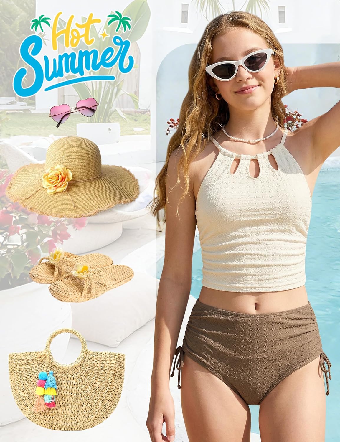 Girls 2 Piece Tankini Set Adjustable Halter Straps High Waisted Bathing Suit Removable Pad Teen Swimwear 7-16Y
