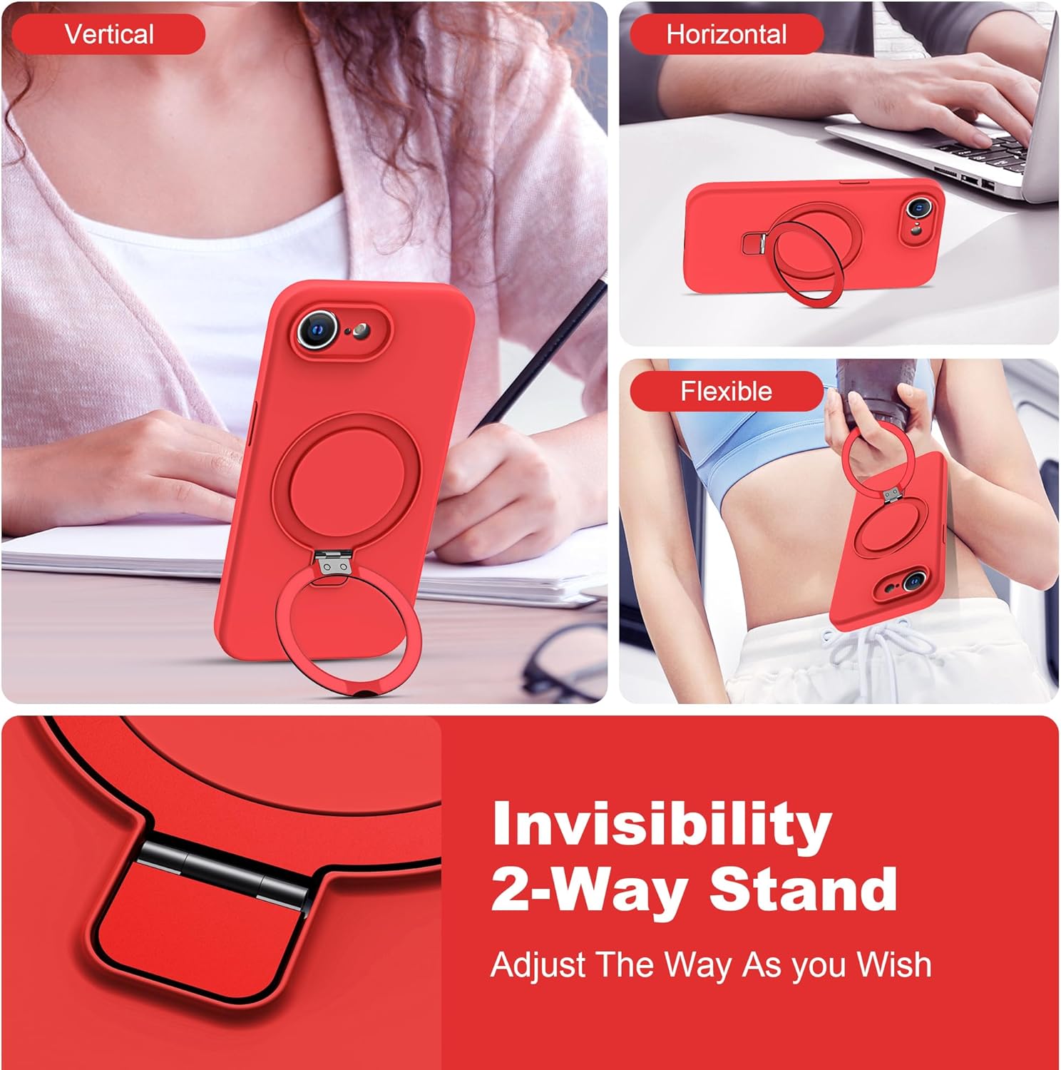Designed for iPhone 16e Case with Magnetic Invisible Stand Compatible with Mag-Safe Military Drop Tested Shockproof Silicone Phone Cases for Women Men 6.1'', Red 251009 - Image 3