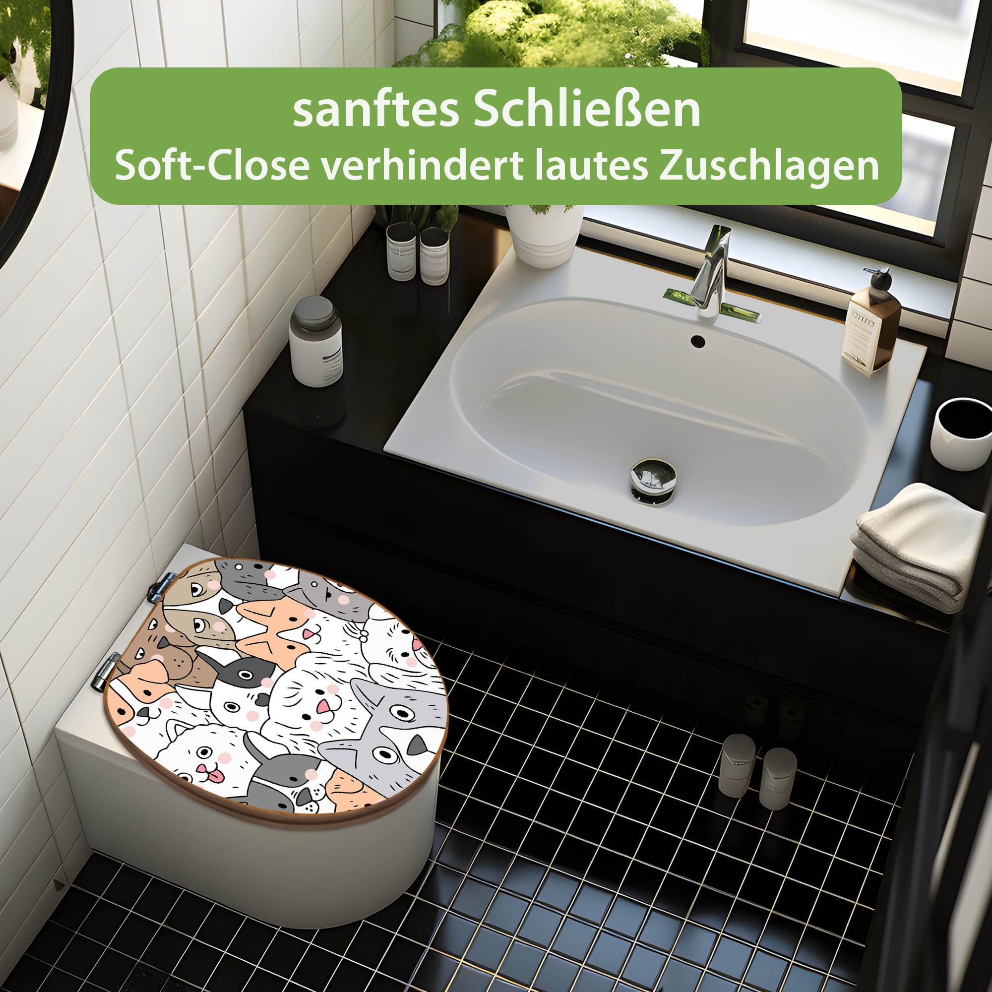 banjado Design WC Sitz Bambus Absenkautomatik 45,8x37,5cm - Toilettendeckel mit Absenkautomatik Holz - hochwertiger Bambus Klodeckel - WC-Sitz für gängigen Toiletten - Motiv Hunde Gruppe neugierig