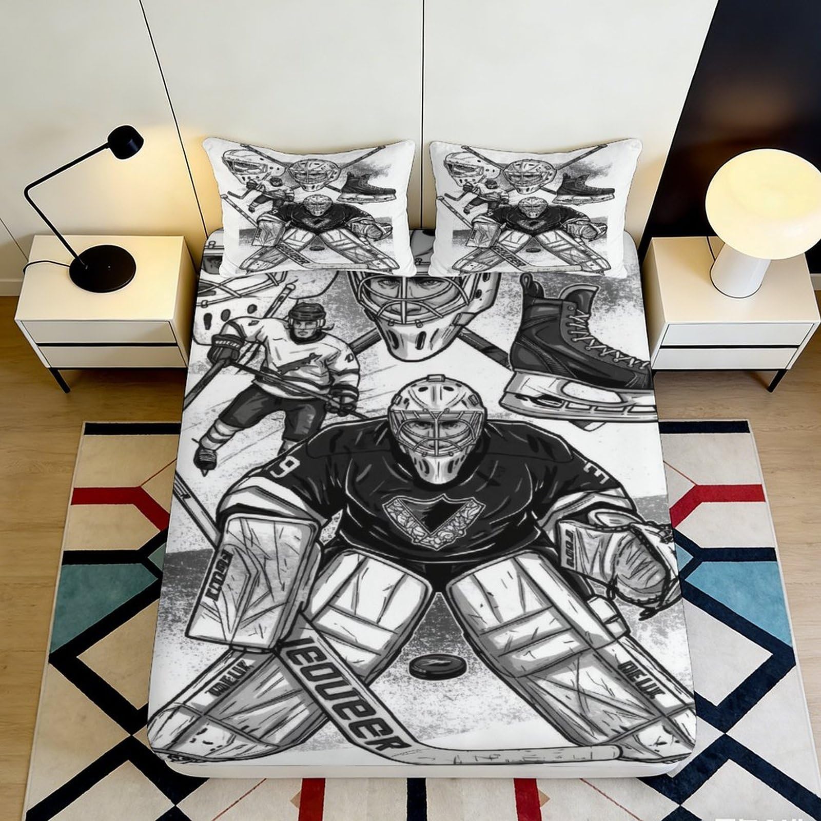 3D Printed Hockey Goalie Fitted Sheet Microfiber Black White Ice Rink Bed Cover for Bedroom Dorm Mattress Protection Decor 140x200x25cm