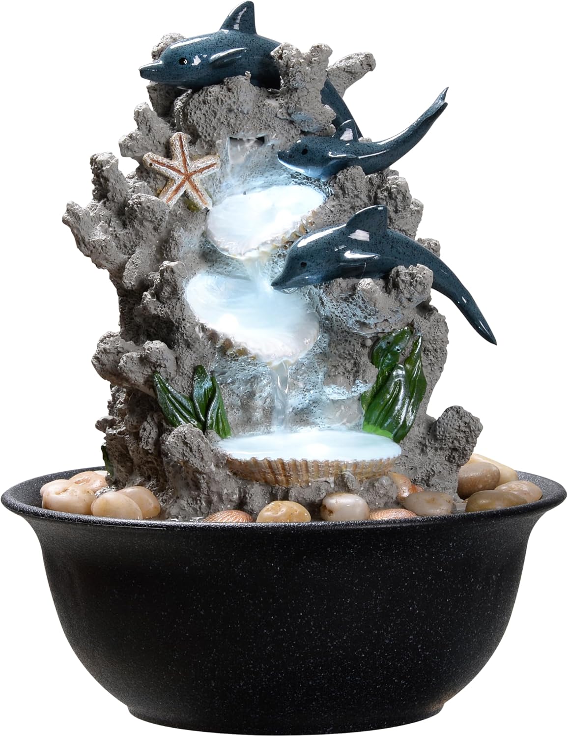 Indoor Tabletop Dolphin Water Fountain with LED Light – Ocean Theme Desk Decor and River Rocks, Relaxing Sound Machine for Sleep & Office, Zen Home Décor Gift for Women, Living Room Decoration