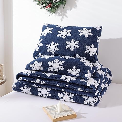 Miniatura 4 de JANZAA Juego de edredón de Navidad tamaño Queen, color azul marino, tamaño Queen con copos de nieve blancos, estereoscópico, juego de ropa de cama