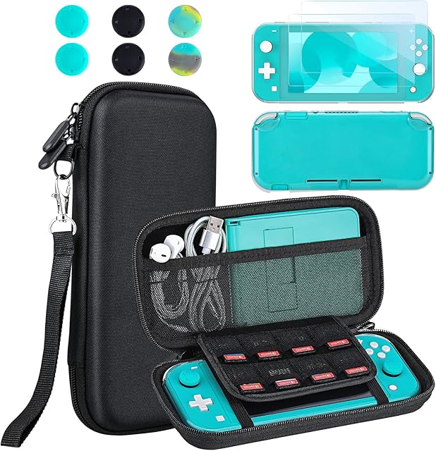 innoAura Accessory Kit for NS Switch Lite, Include Portable Carry Case with 8 Game Cartridge, Clear TPU Cover Case, [2 Pack] HD Tempered Screen Protector for Switch Lite Accessories