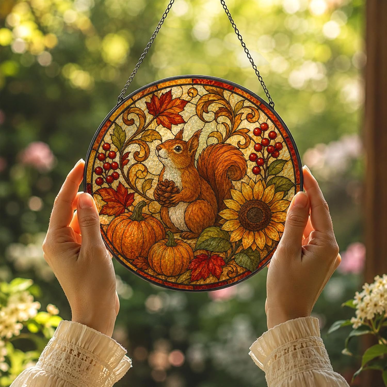 Rustic Fall Squirrel Pumpkin Suncatchers Stained Glass for Windows