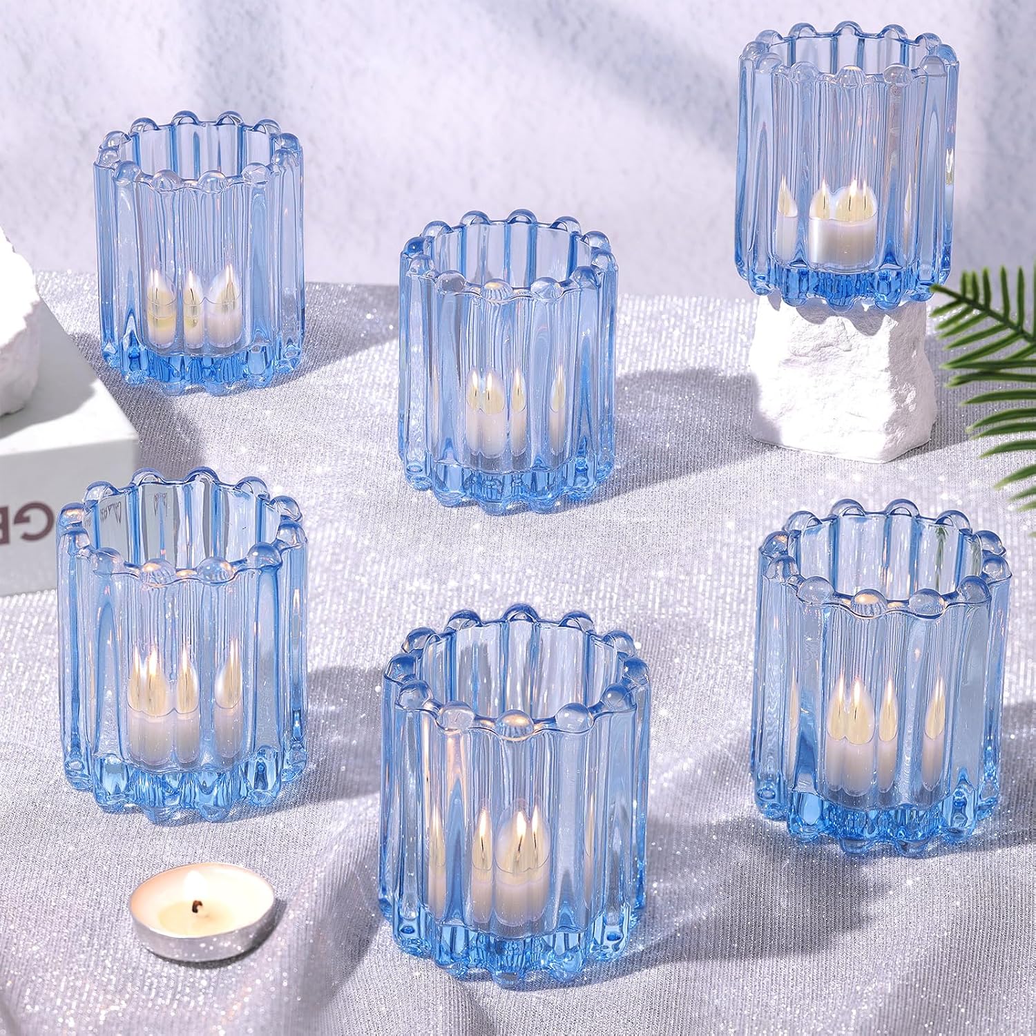 HAVITI 6 PCS Votive Candle Holder, Blue Glass Candle Holders, Tealight Candle Holder for Wedding Centerpieces Dinner Party Baby Shower Table Decor
