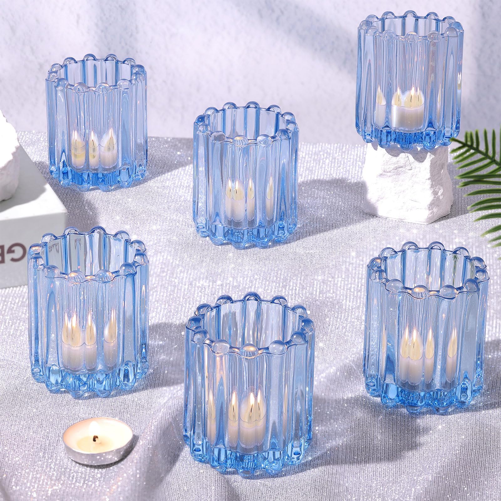 6 PCS Votive Candle Holder, Blue Glass Candle Holders, Tealight Candle Holder for Wedding Centerpieces Dinner Party Baby Shower Table Decor