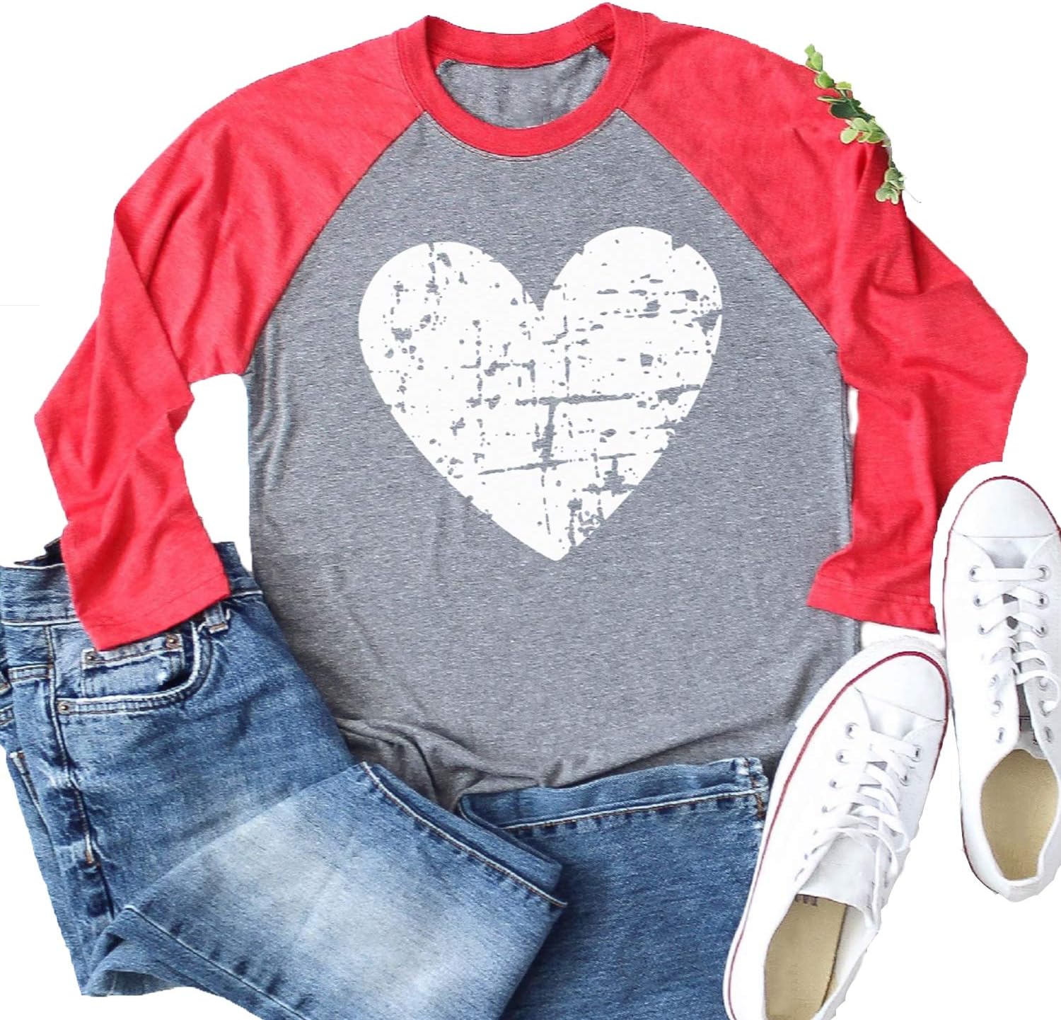 Enmeng Womens Long Sleeve Love Heart T-Shirt Valentine's Day Raglan Shirt Graphic Tees (L, Red-1)