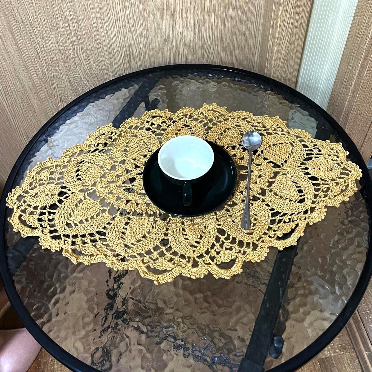 BIBITIME Crochet Knitted Table Doilies Lace Doily Handmade Placemats Kitchen Cup Mug Mats (4PCS-11.8" x 22", Style03-Champagne)