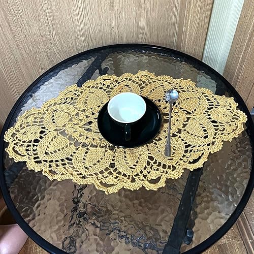 Miniatura 4 de BIBITIME Manteles individuales de encaje redondos hechos a mano con flores de ganchillo para cocina (ovalado-champán, 1 unidad-11.8 x 22.5 pulgadas)