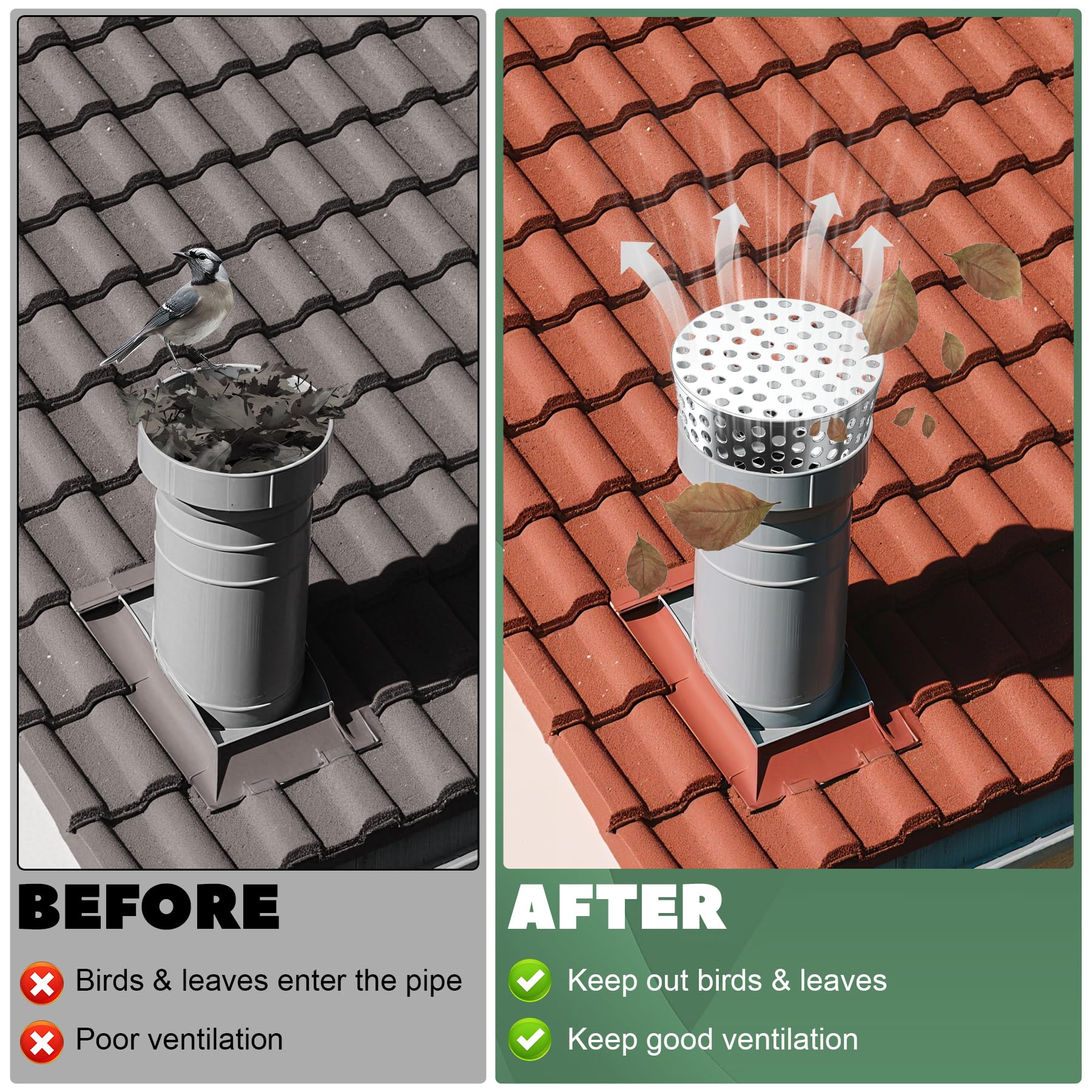 mesh roof vent guard installed on house plumbing vent stack