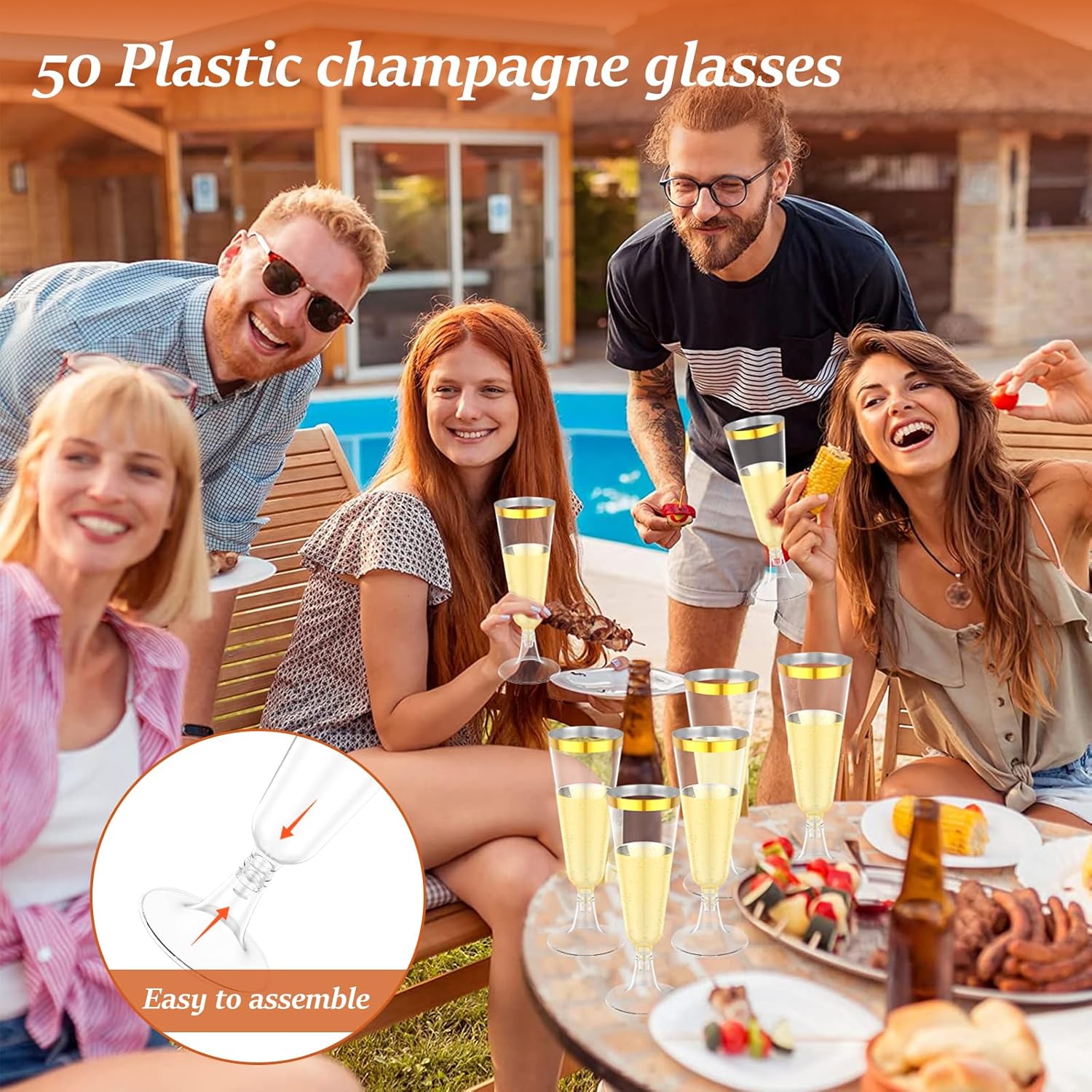50 Pack Gold Rimmed Plastic Champagne Flutes 5 Oz Unbreakable Classic Clear Toasting Glasses Tall Fancy Recyclable Disposable Wedding Party Cocktail Cups with Gold Rim