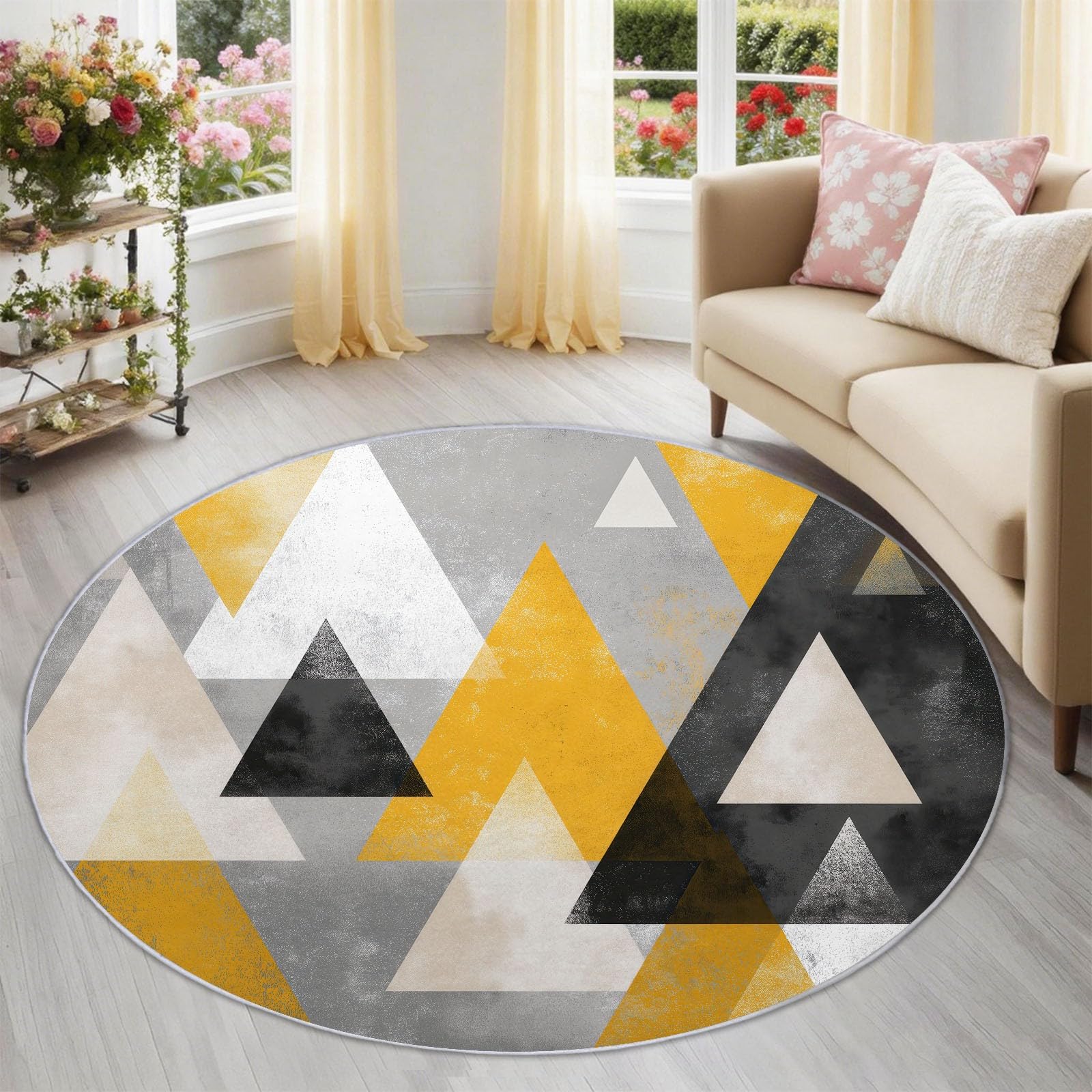Tapis rond jaune noir poil bas doux facile à nettoyer