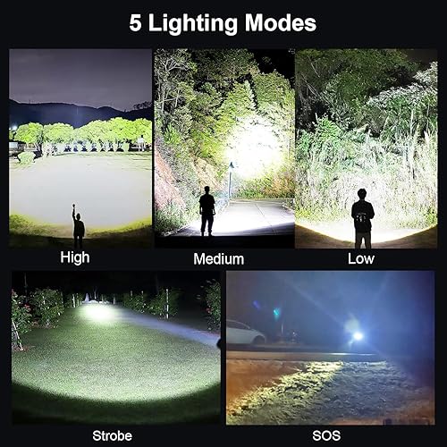 Miniatura 5 de Linternas recargables de alto lúmenes, paquete de 2 unidades, 990000 lúmenes, linterna LED súper brillante con cable USB, IPX7 impermeable, 5 modos