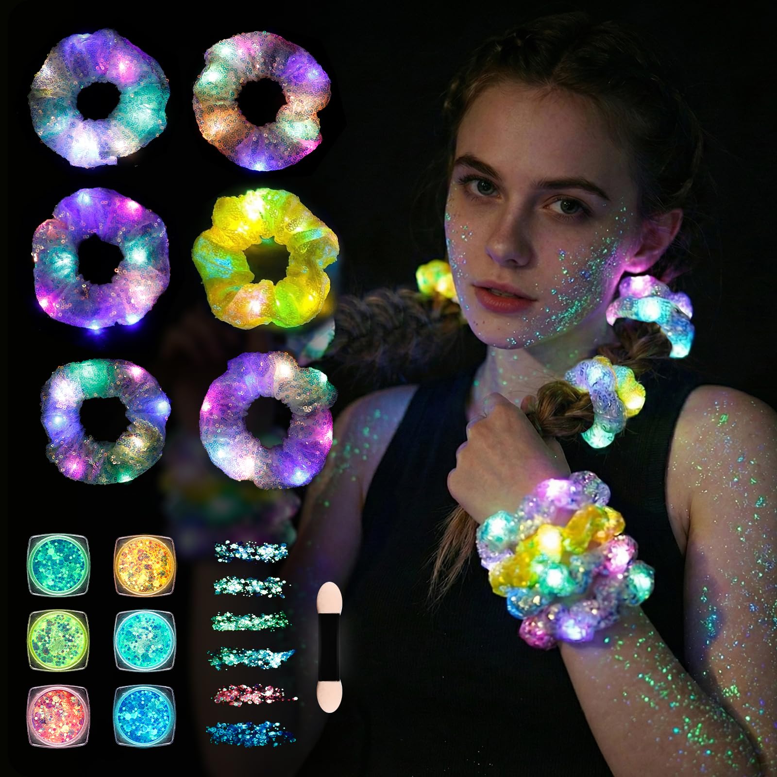 6 Pcs Light Up Led Hair Scrunchies & 6 Pcs Glow In The Dark Body Glitter